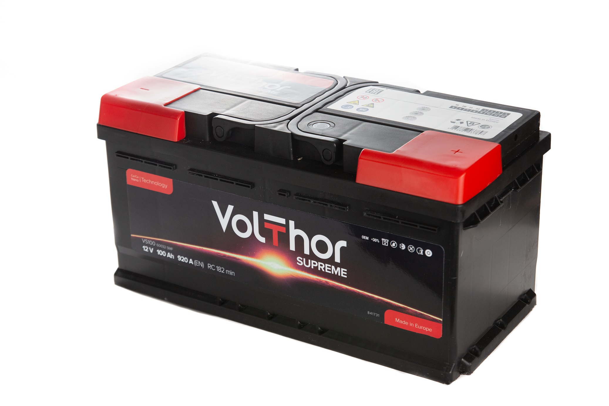 Акумулятор легковий VOLTHOR Supreme 100Ah, 12B, 920A плюс праворуч (R+) кальцієвий (Ca/Ca) 353X175X190мм (301000)